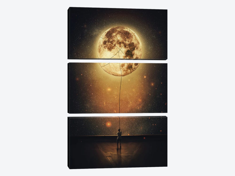 Surreal Scene With A Person Stealing Moon From The Night Sky by psychoshadow 3-piece Art Print