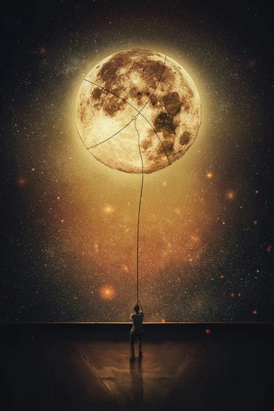 DepositPhotos: Surreal Scene With A Person Stealing Moon From The Night Sky by psychoshadow
