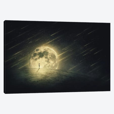 Surreal World Scene With A Silhouette Looking At The Starry Night Sky With Comets Falling Canvas Print #DPT748} by psychoshadow Canvas Wall Art