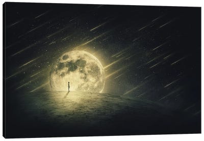 Surreal World Scene With A Silhouette Looking At The Starry Night Sky With Comets Falling Canvas Art Print
