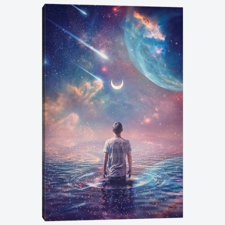 Starry Night Sky On Another Planet And A Person Watching The Crescent Moon, Meteor Shower And Nebulas Canvas Print #DPT756} by psychoshadow Canvas Artwork