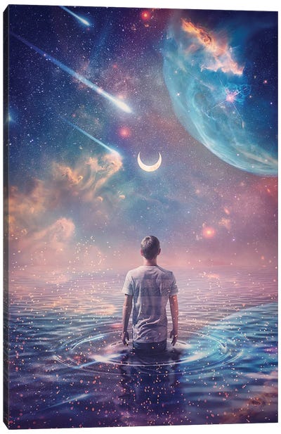 Starry Night Sky On Another Planet And A Person Watching The Crescent Moon, Meteor Shower And Nebulas Canvas Art Print