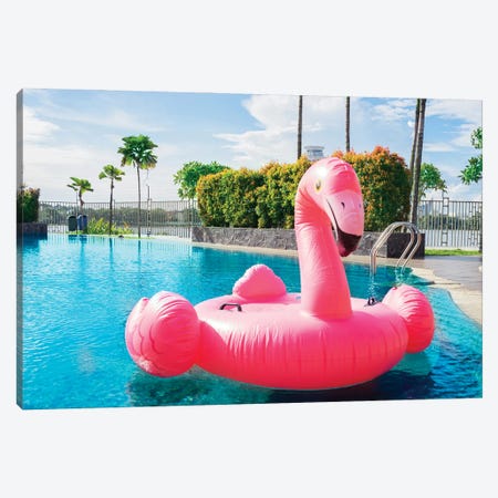 Portrait Of Pink Flamingo Float On Swimming Pool Canvas Print #DPT758} by realinemedia Canvas Art Print