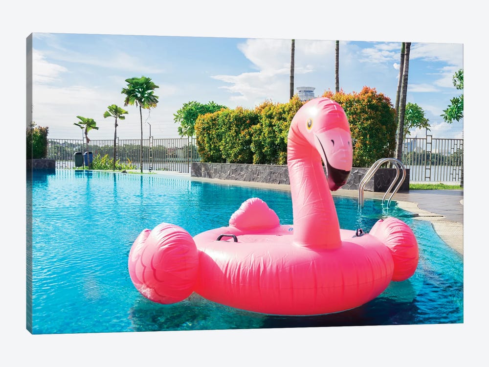 Portrait Of Pink Flamingo Float On Swimming Pool by realinemedia 1-piece Art Print