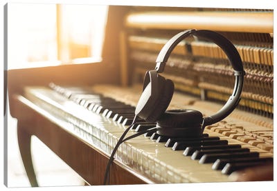 Headphones On The Piano Canvas Art Print - Music Collection