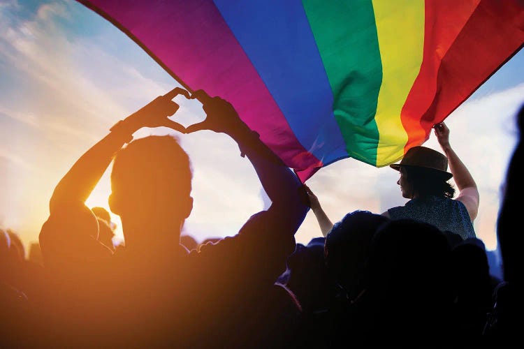 Pride Community At A Parade Raising An LGBT Flag