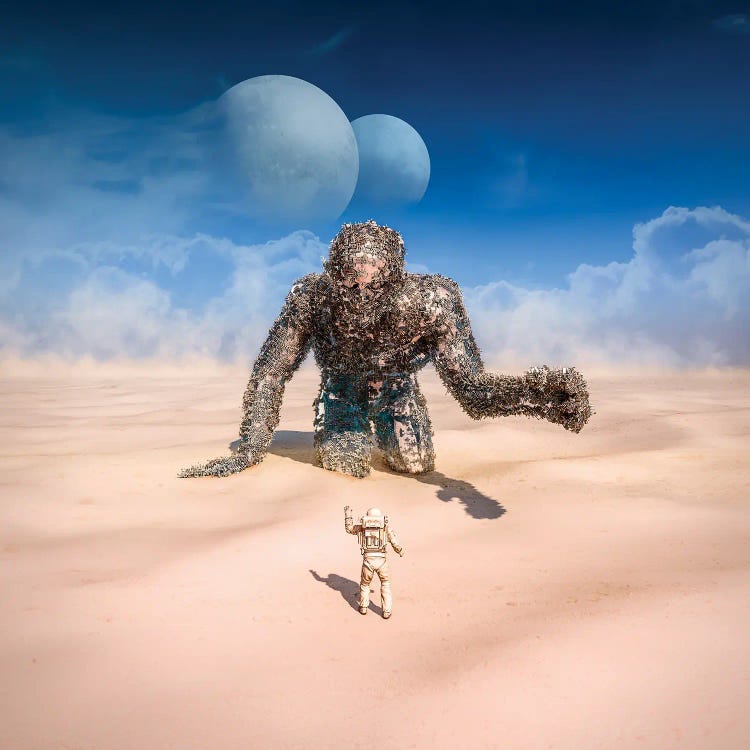 Astronaut Waving To A Giant In The Desert by grandeduc wall art