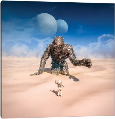 Astronaut Waving To A Giant In The Desert Canvas Art Print