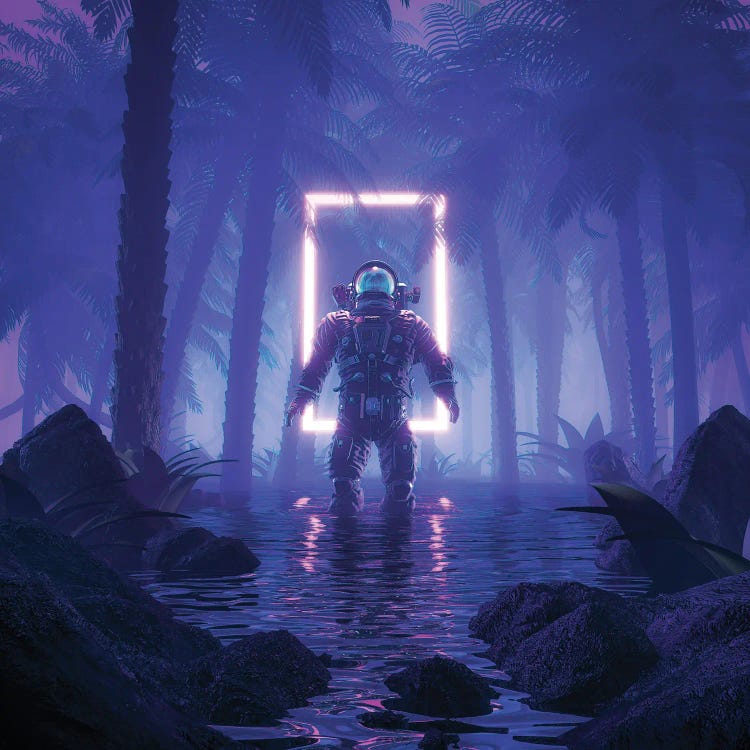 Psychedelic Jungle Astronaut by grandeduc wall art
