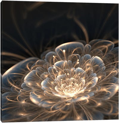 Dark Blue Fractal Flower With Golden Rays Canvas Art Print - Scenic Collection