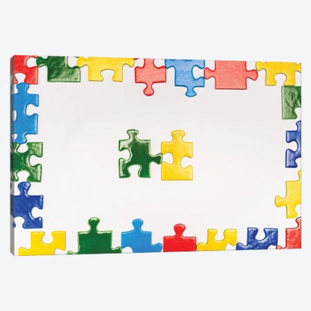 Top View Of Multicolored Puzzle Pieces On A White Background Canvas Print #DPT819} by IgorVetushko Canvas Artwork