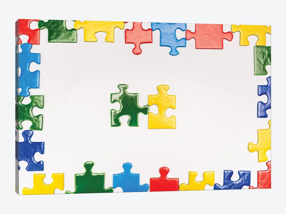 Top View Of Multicolored Puzzle Pieces On A White Background by IgorVetushko 1-piece Canvas Artwork
