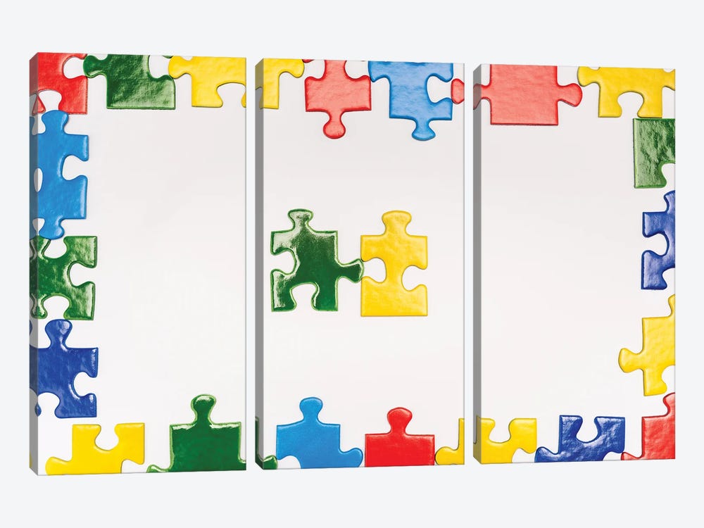 Top View Of Multicolored Puzzle Pieces On A White Background by IgorVetushko 3-piece Canvas Wall Art