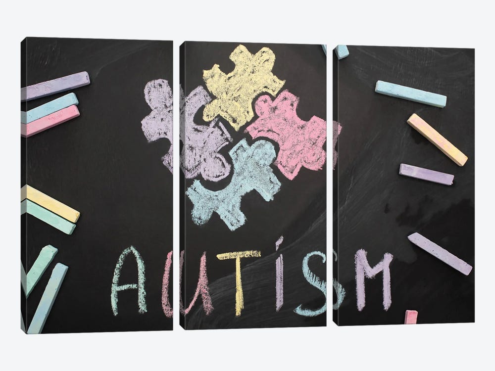 Autism And Puzzle Pieces Drawn On A Chalkboard by VadimVasenin 3-piece Canvas Art Print