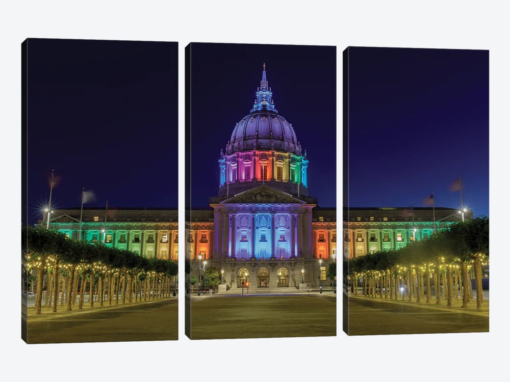 San Francisco City Hall Illuminated In Rainbow Colors For The Pride Parade by yhelfman 3-piece Canvas Artwork