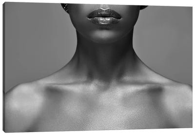 Black And White Photo Of African American Woman Isolated On Grey Canvas Art Print - Lips Art