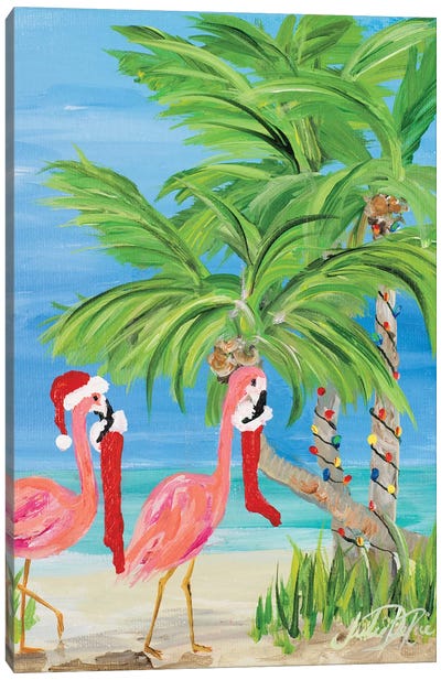 Flamingo Christmas I Canvas Art Print - Christmas Trees & Wreath Art