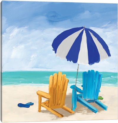 Beach Chairs With Umbrella Canvas Art Print - Umbrella Art
