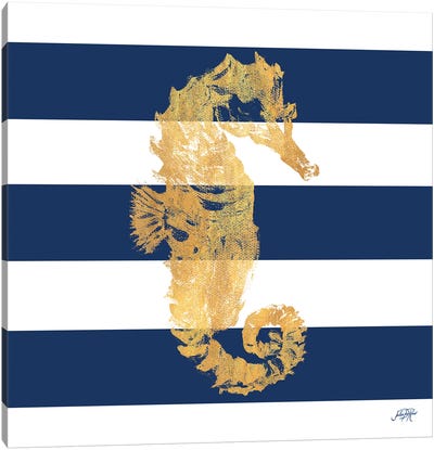 Gold Seahorse on Stripes I Canvas Art Print - Kids Bathroom Art