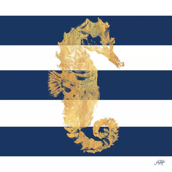 Kids Ocean Life Art: Gold Seahorse on Stripes I by Julie Derice