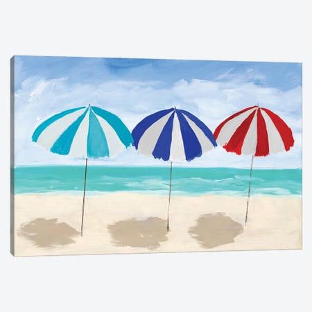 Beach Umbrella Trio Canvas Print #DRC227} by Julie Derice Canvas Artwork