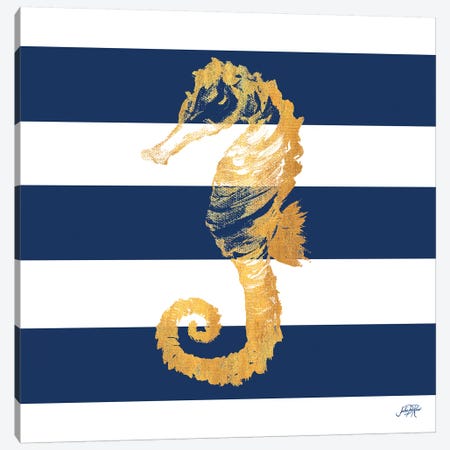 Gold Seahorse on Stripes II Canvas Print #DRC22} by Julie Derice Canvas Wall Art