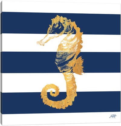 Gold Seahorse on Stripes II Canvas Art Print - Nautical Décor