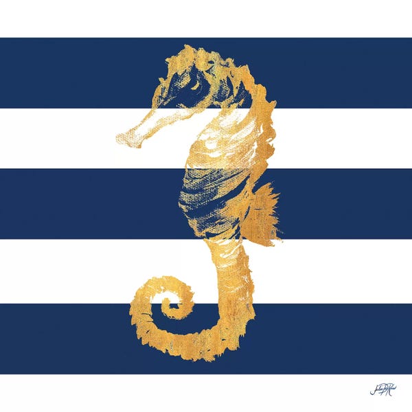 Kids Nautical Art: Gold Seahorse on Stripes II by Julie Derice