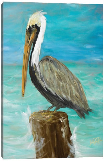 Single Pelican on Post Canvas Art Print - Beach Décor
