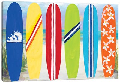 Surf Boards on the Beach Canvas Art Print - Kids Bathroom Art