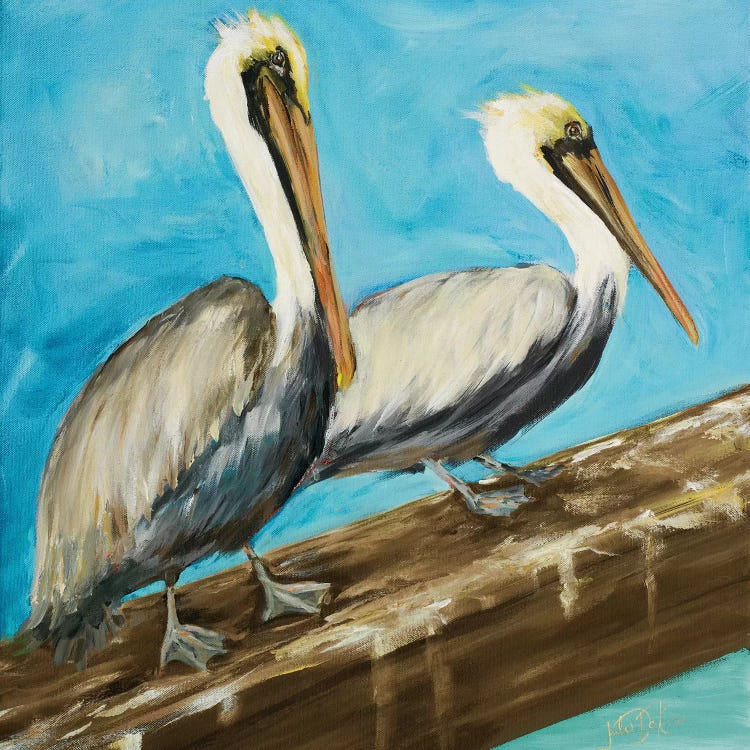 Two Pelicans on Dock Rail