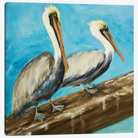 Two Pelicans on Dock Rail Canvas Print #DRC65} by Julie Derice Art Print