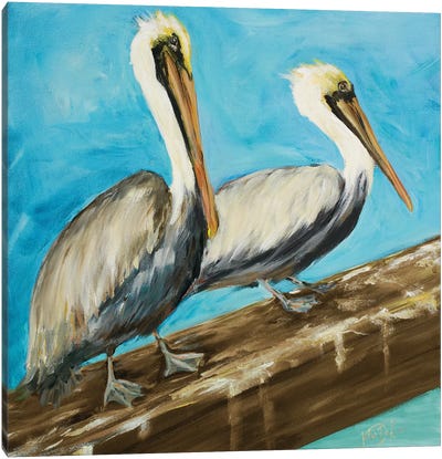 Two Pelicans on Dock Rail Canvas Art Print - Julie Derice