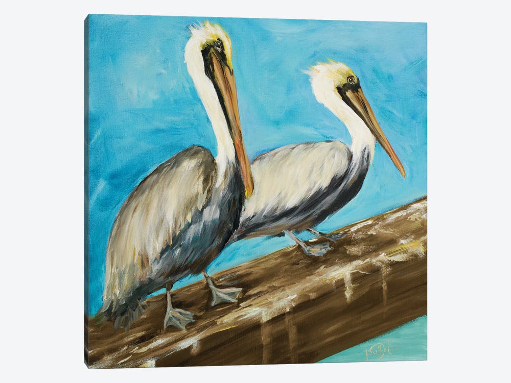 Two Pelicans on Dock Rail by Julie Derice 1-piece Canvas Wall Art