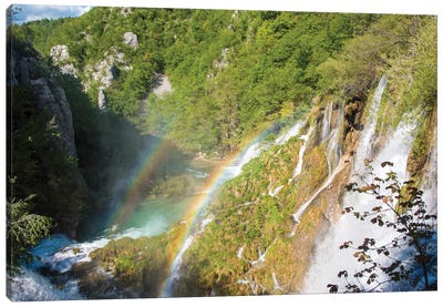 Croatia, Plitvice National Park. Double rainbow lower falls. Canvas Art Print