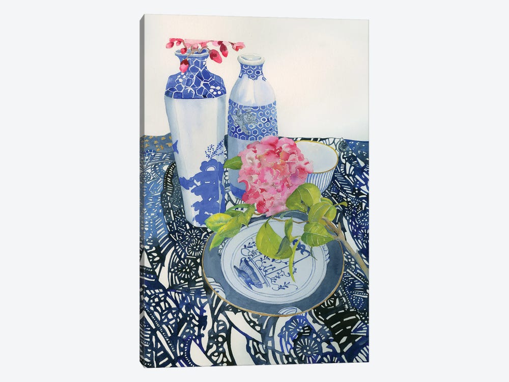 Blue Pottery And Flowers by Helen Dubrovich 1-piece Canvas Artwork