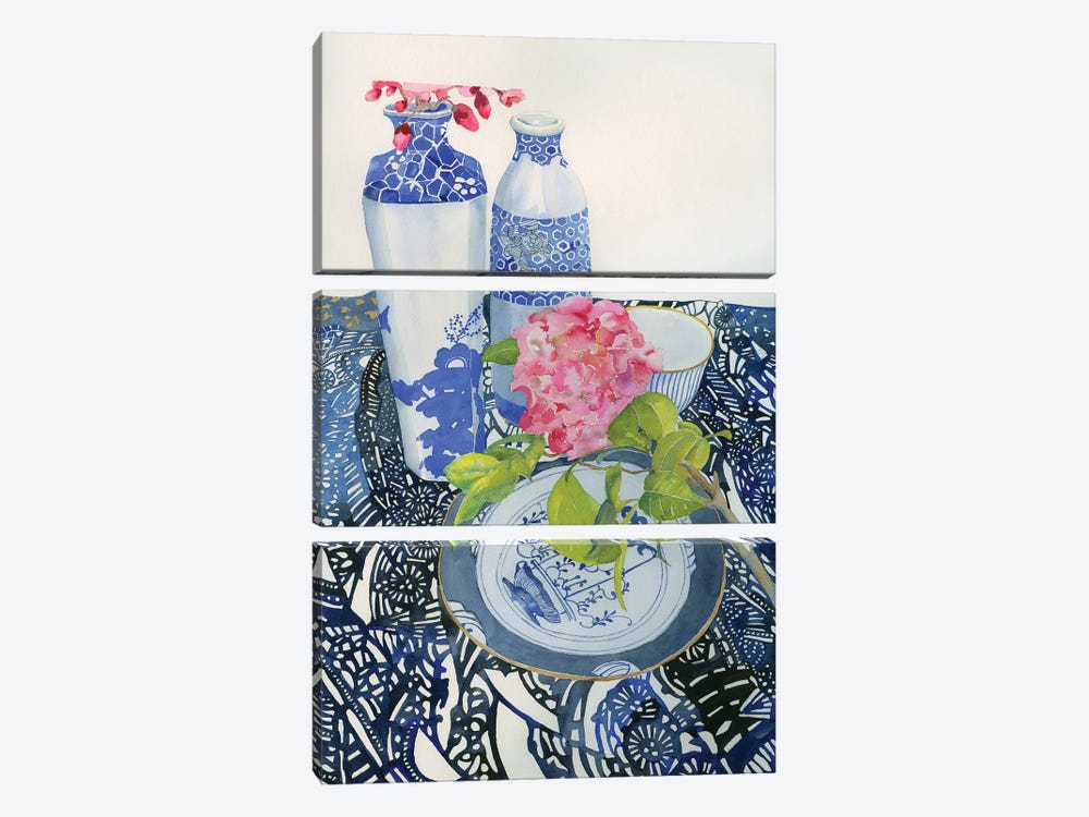 Blue Pottery And Flowers by Helen Dubrovich 3-piece Canvas Art