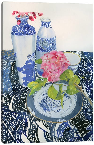 Blue Pottery And Flowers Canvas Art Print - Modern Tablescapes
