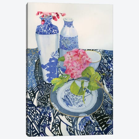 Blue Pottery And Flowers Canvas Print #DRV3} by Helen Dubrovich Art Print