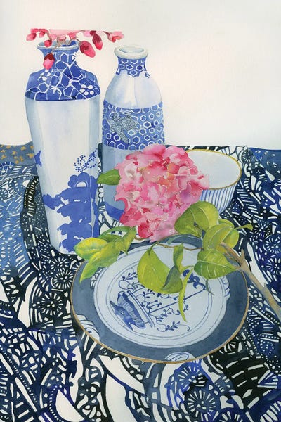 Helen Dubrovich: Blue Pottery And Flowers by Helen Dubrovich