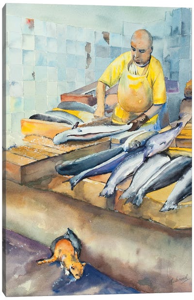 The Fishmonger And Friends Canvas Art Print - Helen Dubrovich