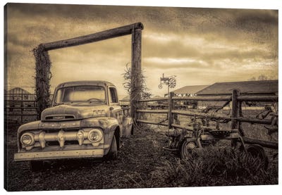 Old Ford At The Farm Canvas Art Print - Sepia Photography