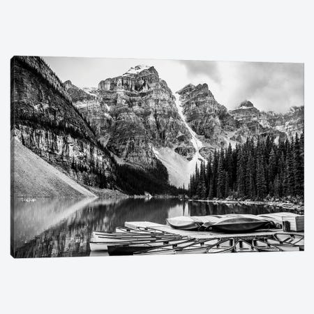Moraine Lake Kayaks Black And White Canvas Print #DSP148} by Dan Sproul Canvas Art Print