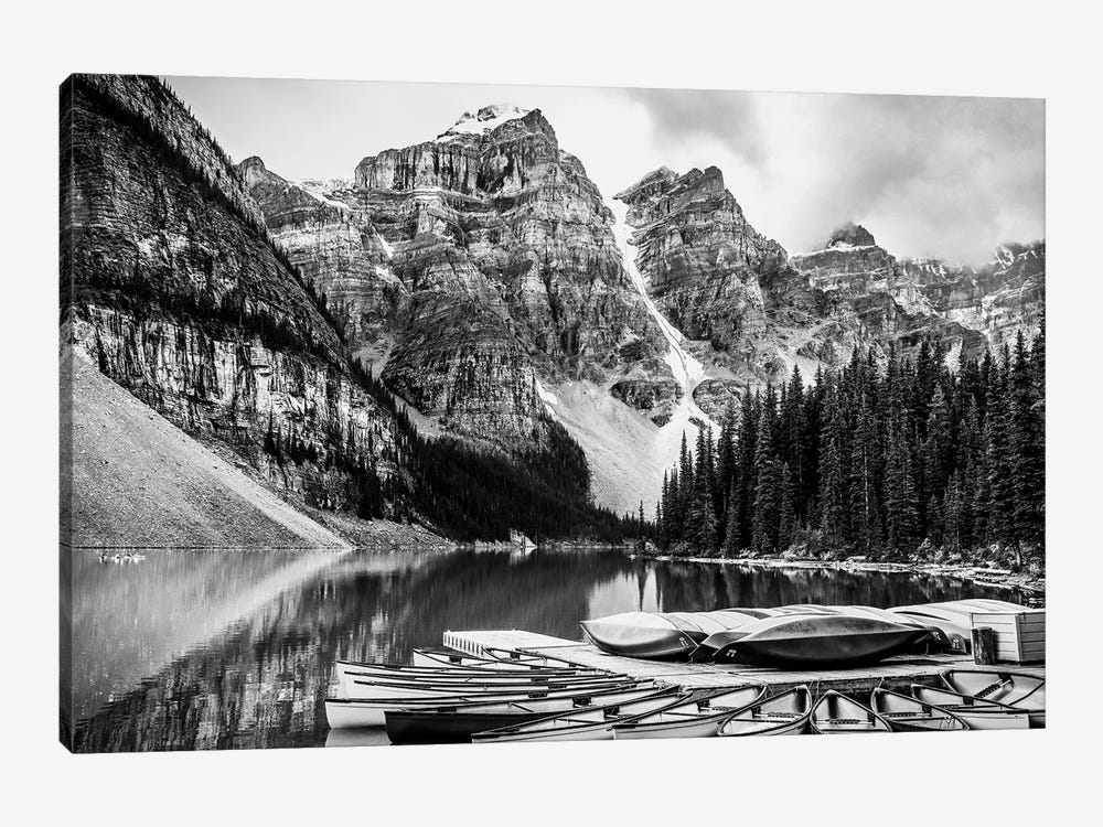 Moraine Lake Kayaks Black And White by Dan Sproul 1-piece Canvas Artwork