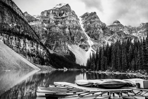 Snowy Mountains: Moraine Lake Kayaks Black And White by Dan Sproul