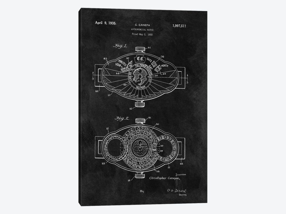 C.Canepa Astronomical Watch Patent Sketch (Chalkboard) 1-piece Canvas Art Print