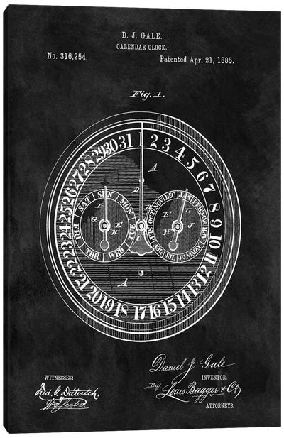 D.J. Gale Calendar Clock Patent Sketch (Chalkboard) Canvas Art Print - Modern Scientific