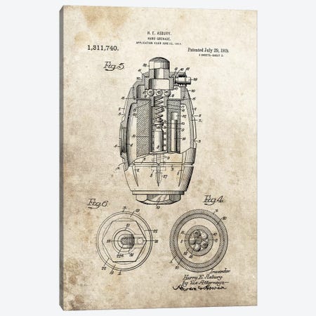 H.E. Asbury Hand Grenade Patent Sketch (Foxed) Canvas Print #DSP26} by Dan Sproul Canvas Print