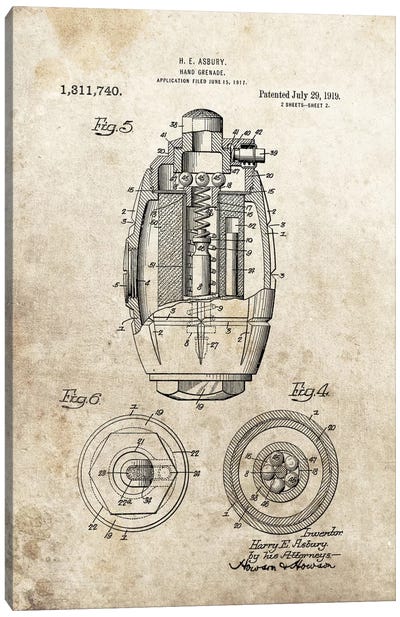 H.E. Asbury Hand Grenade Patent Sketch (Foxed) Canvas Art Print - Weapon Blueprints