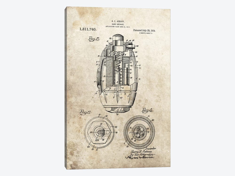 H.E. Asbury Hand Grenade Patent Sketch (Foxed) 1-piece Canvas Wall Art